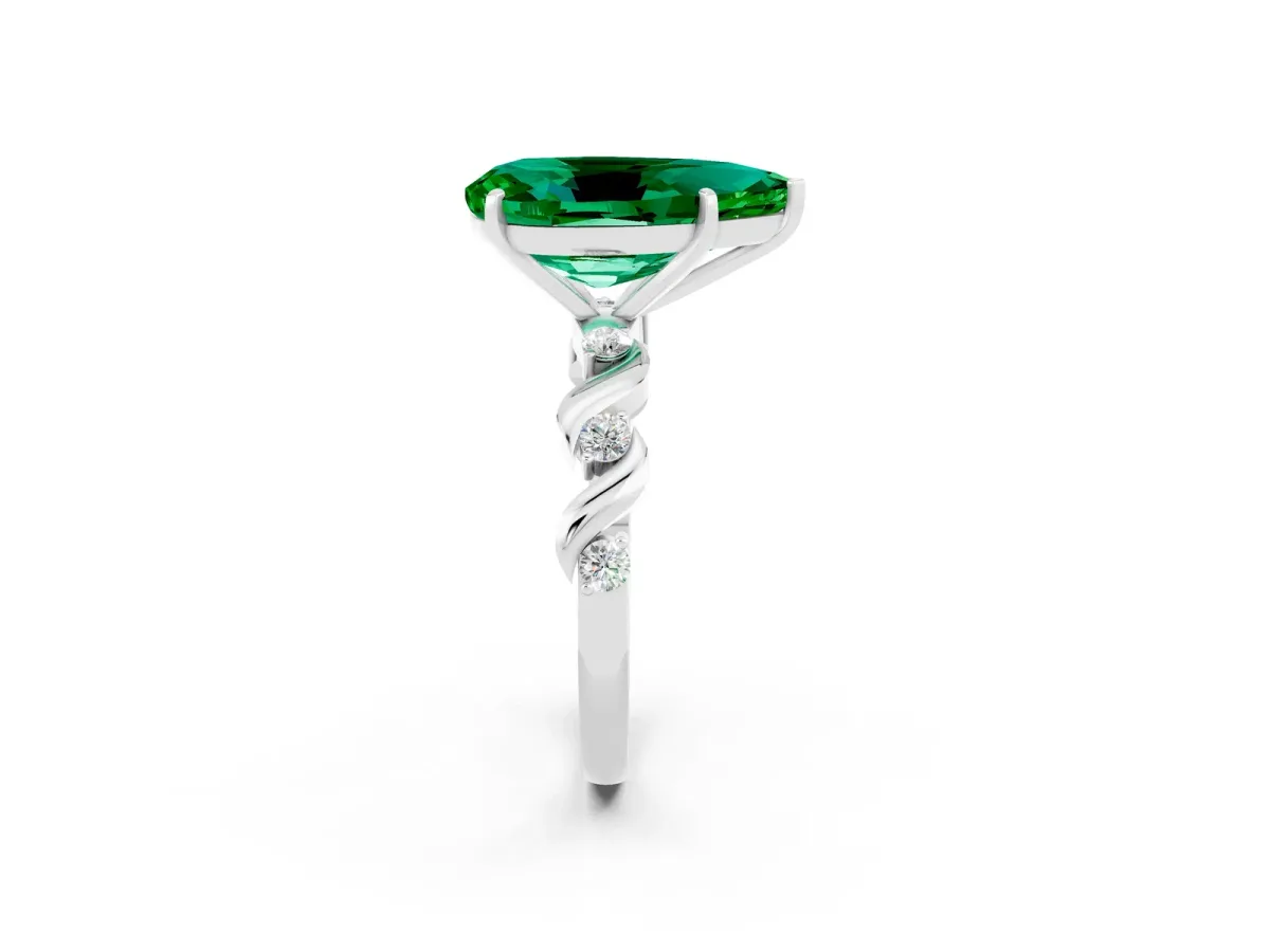 Pear Cut Emerald Solitaire Twisted Band with Round Accents and Prong Setting Silver