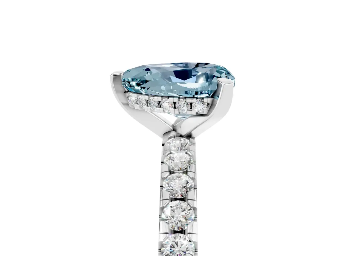 Heart Cut Aquamarine Solitaire Ring with Round Pavé Band and Four-Prong Setting White gold