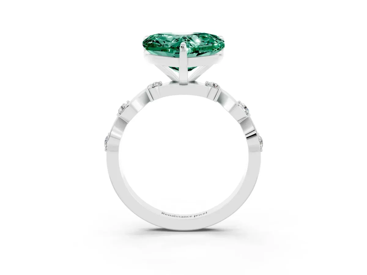 Heart Cut Green Sapphire Solitaire Twisted Band with Round Accents and Prong Setting Platinum