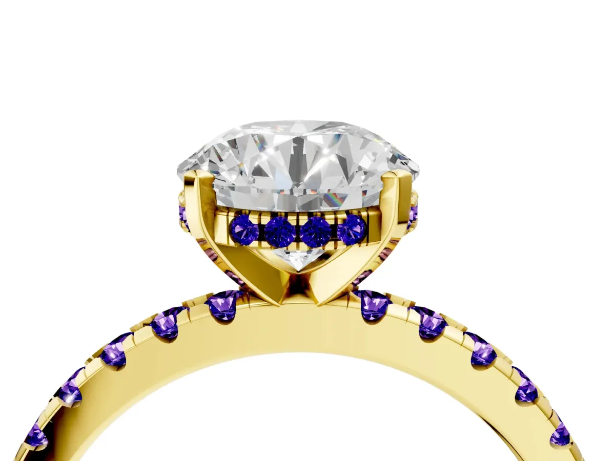 Round Cut Diamond Solitaire Ring with Round Tanzanite Pavé Band and Four-Prong Setting Yellow gold