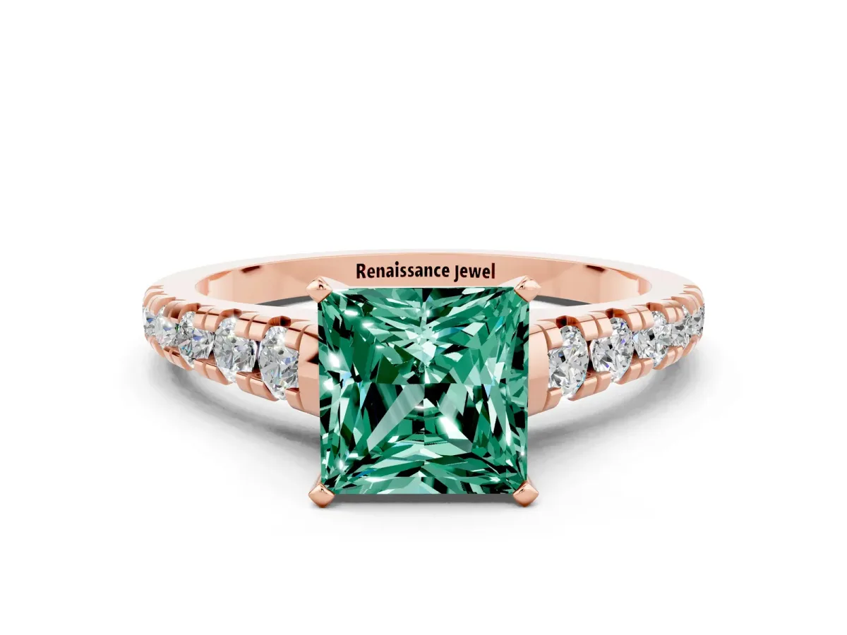 Princess Cut Green Sapphire Cathedral Solitaire Ring with Round Pavé Band Rose gold