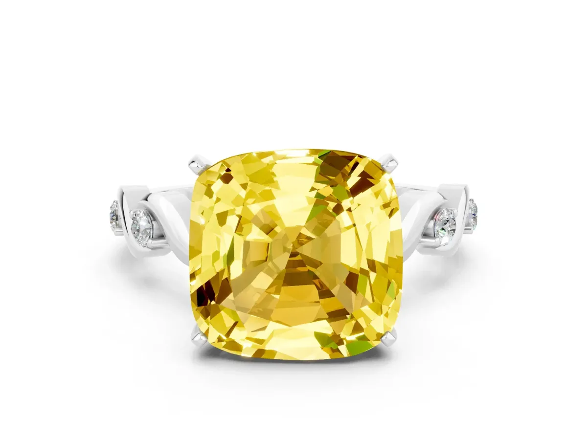 Cushion Cut Yellow Sapphire Solitaire Twisted Band with Round Accents and Prong Setting Platinum