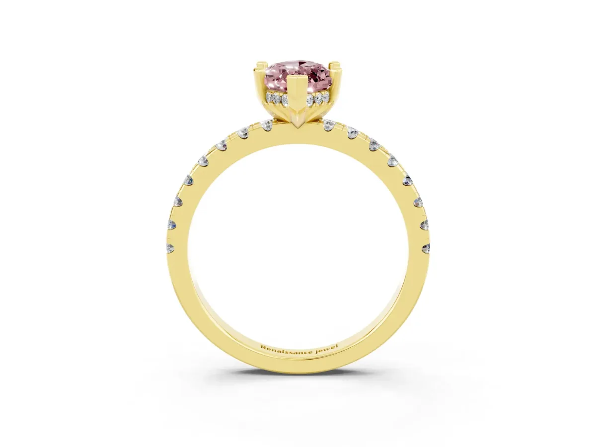 Marquise Cut Morganite Solitaire Ring with Round Pavé Band and Four-Prong Setting Yellow gold