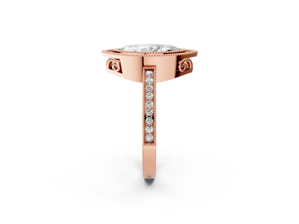 Marquise Cut Cut Halo Diamond Ring with Pavé Band and Milgrain Prong Setting Rose gold