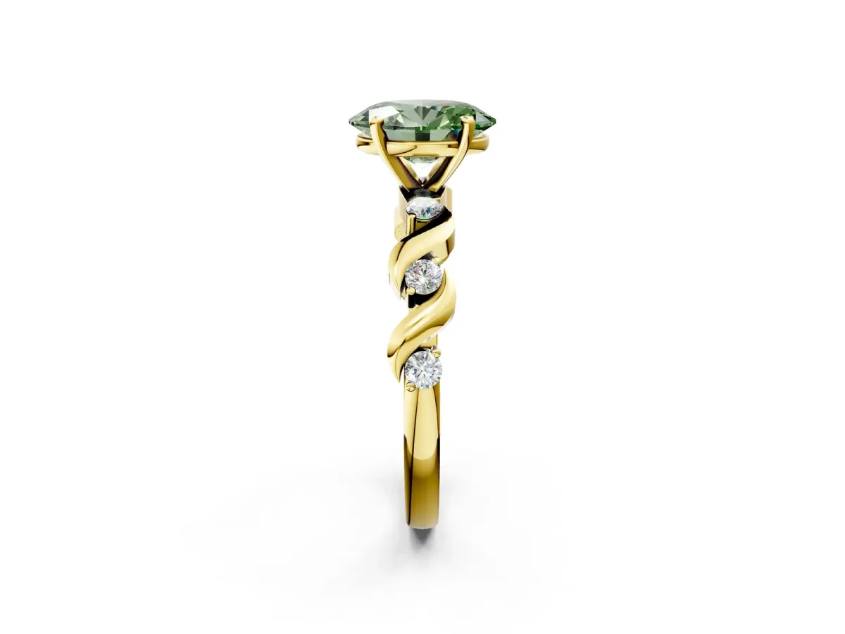 Fancy Green Oval Cut Diamond Solitaire Twisted Band with Round Accents and Prong Setting Yellow gold