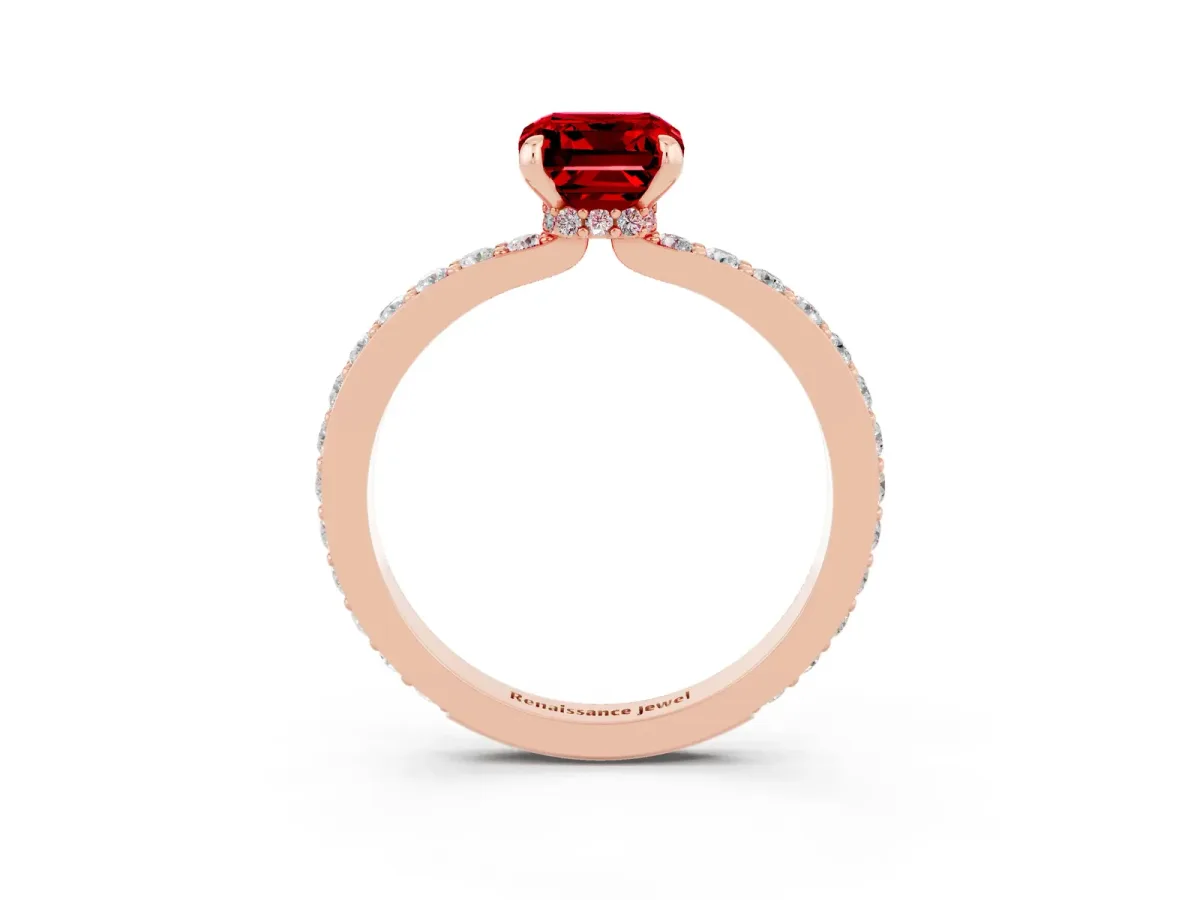 Emerald Cut Ruby Solitaire Engagement Ring with Pavé Band and Four-Prong Setting Rose gold