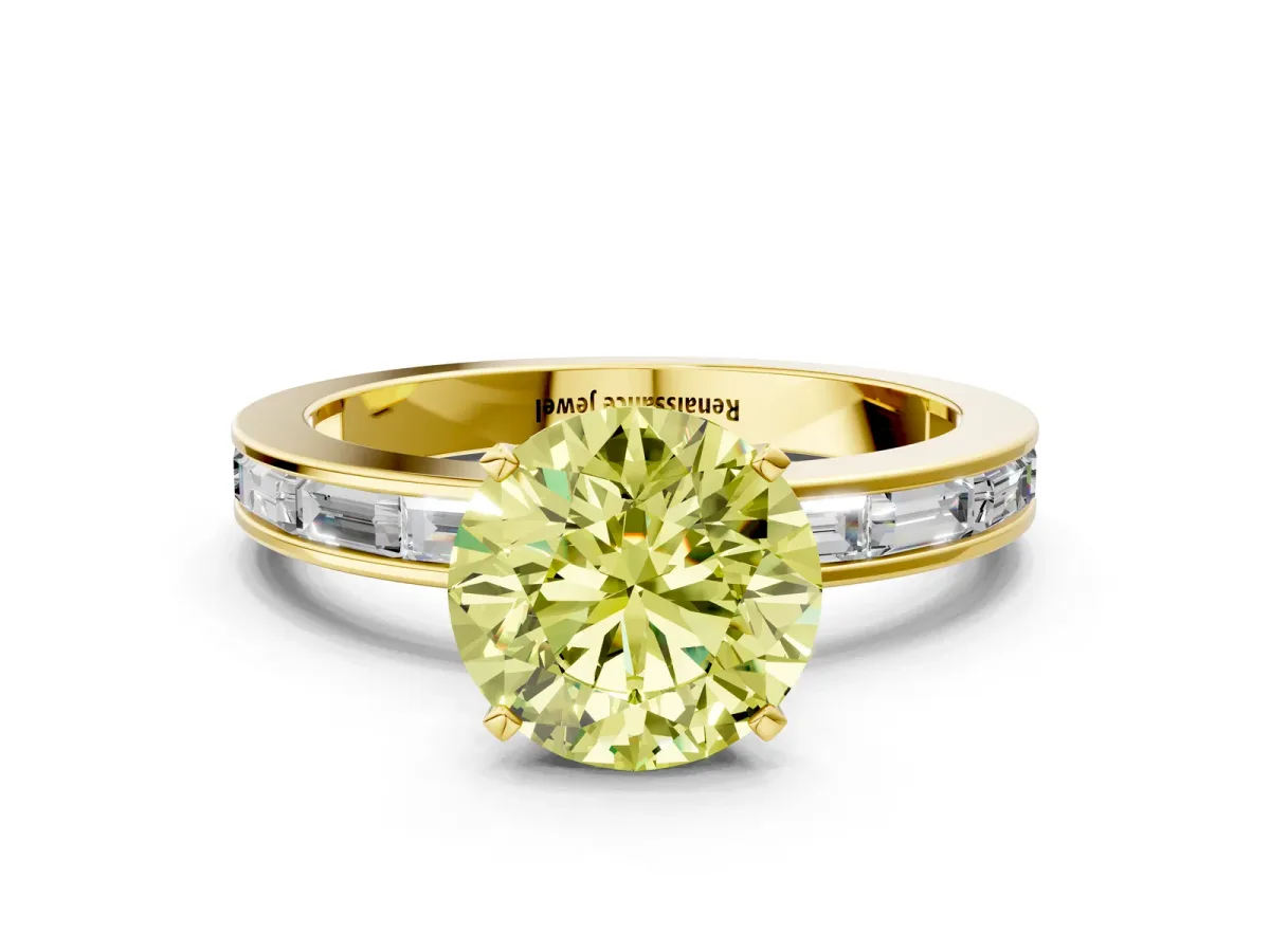 Fancy Yellow Round Cut Solitaire Diamond Ring with Channel-Set Baguette Band and Four-Prong Setting Yellow gold