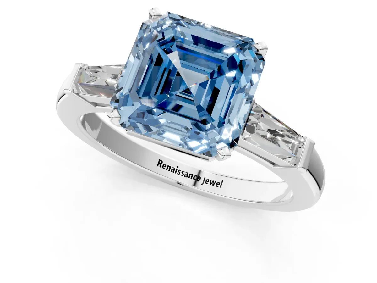 Fancy Blue Asscher Cut Solitaire with Tapered Baguette Side Stones on a Classic Band with Four-Prong Setting Platinum