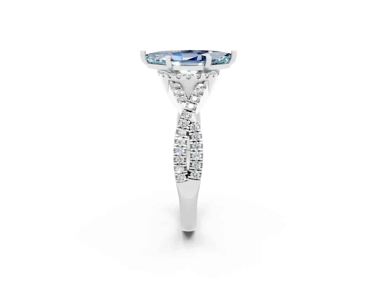 Marquise Cut Aquamarine Halo Twist Band Solitaire Prong Setting Ring White gold