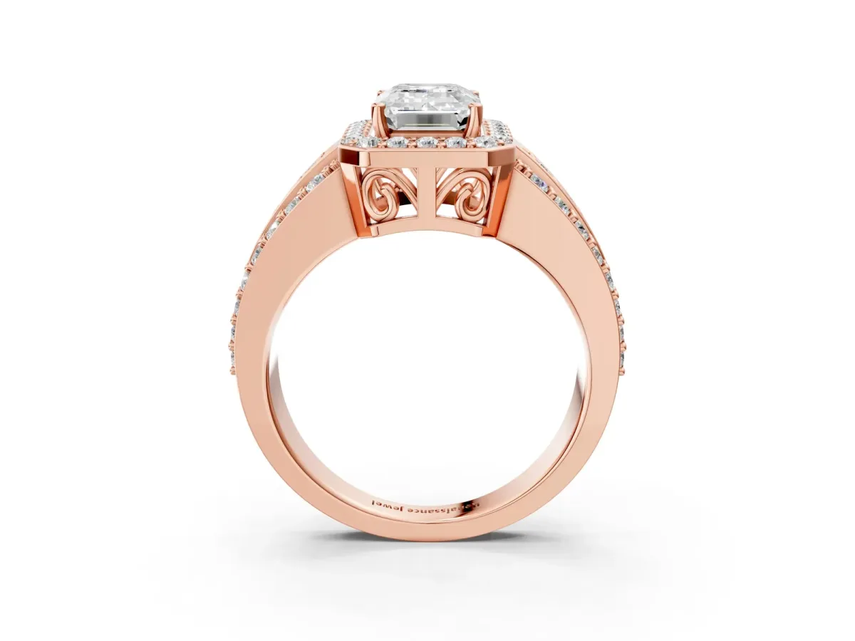 Emerald Cut Halo Diamond Ring with Round Split Shank and Prong Setting Rose gold