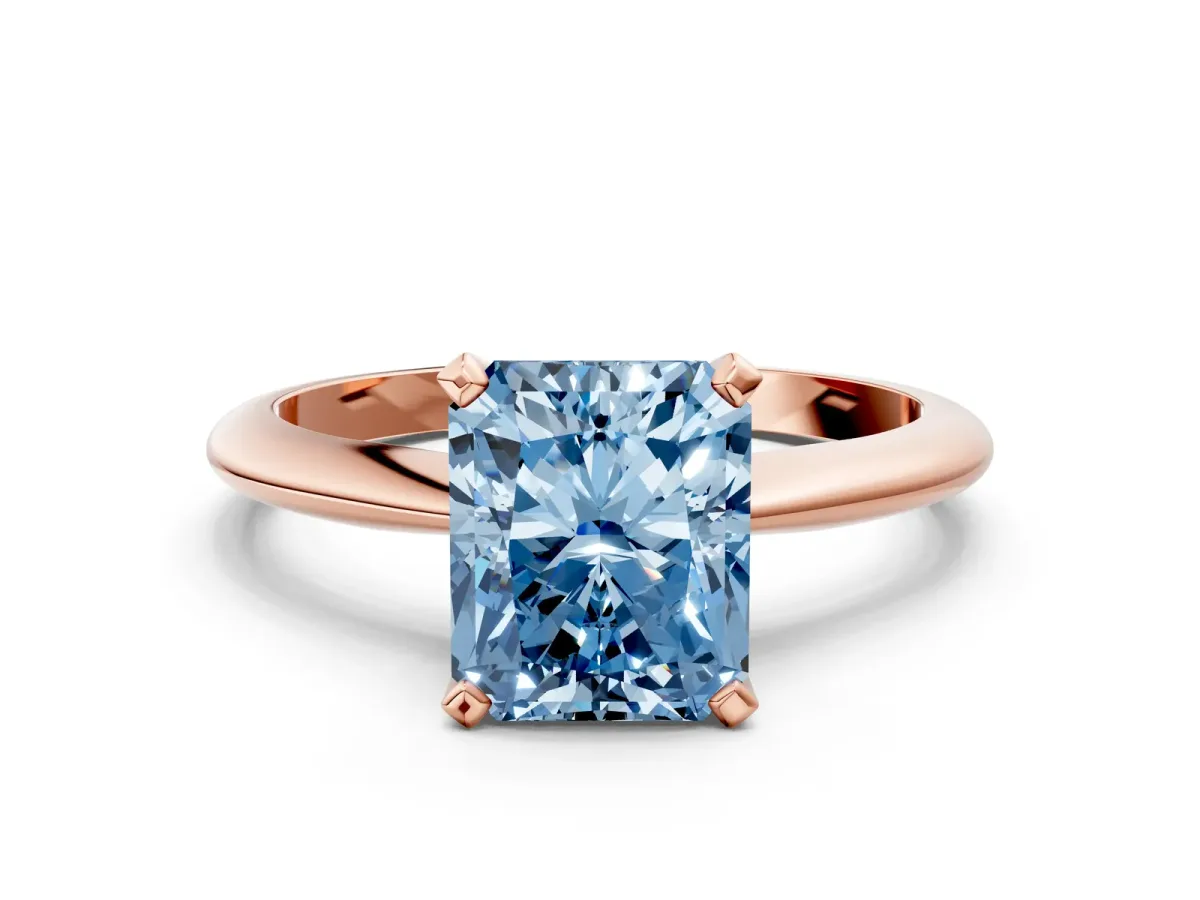 Fancy Blue Radiant Cut Diamond Solitaire Engagement Ring with Classic Band and Four-Prong Setting Rose gold