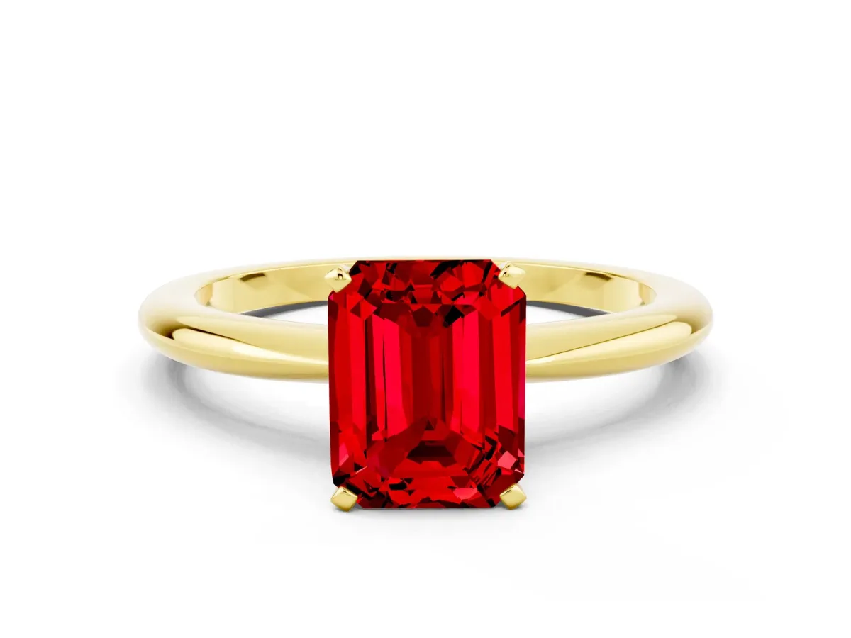 Emerald Cut Ruby Solitaire Ring with Six-Prong Setting and Classic Band Yellow gold