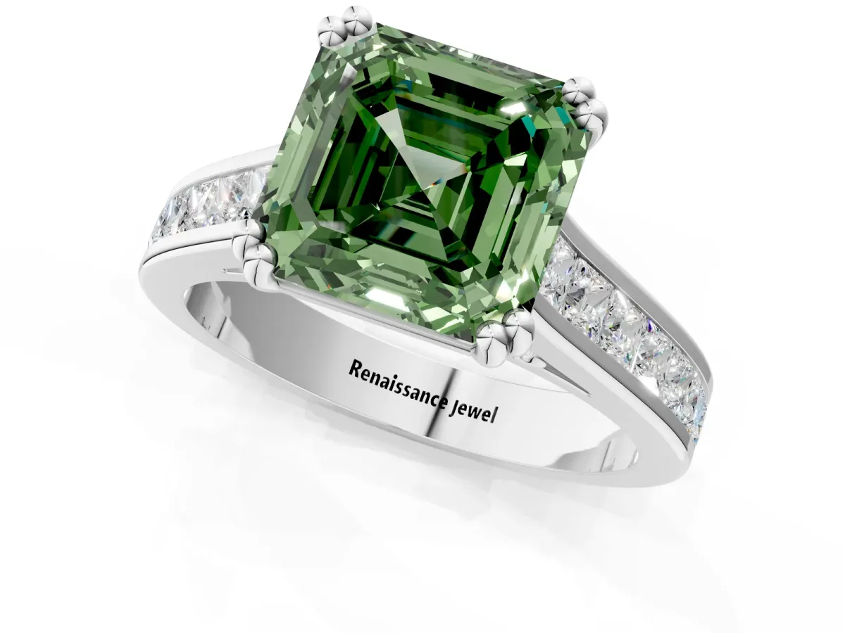 Fancy Green Asscher Cut Cut Channel Set Solitaire Engagement Ring with Prong Setting Platinum