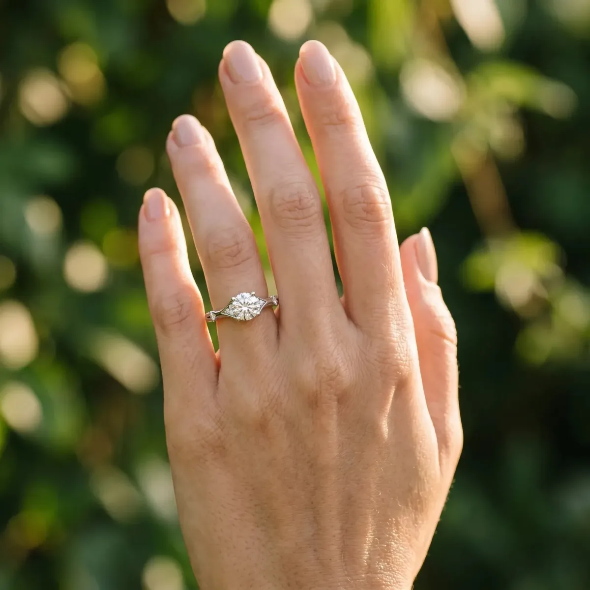 Round Cut Cut Solitaire Engagement Ring with Pave Band and Four-Prong Setting Platinum