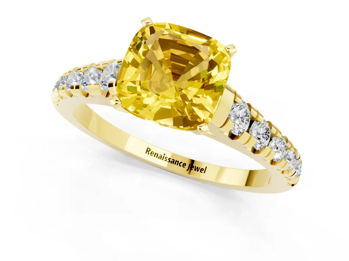 Cushion Cut Yellow Sapphire Cathedral Solitaire Ring with Round Pavé Band Yellow gold