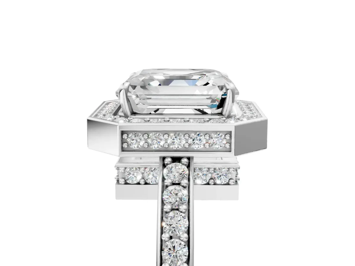 Asscher Cut Halo Pave Band Solitaire Ring with Prong Setting Platinum
