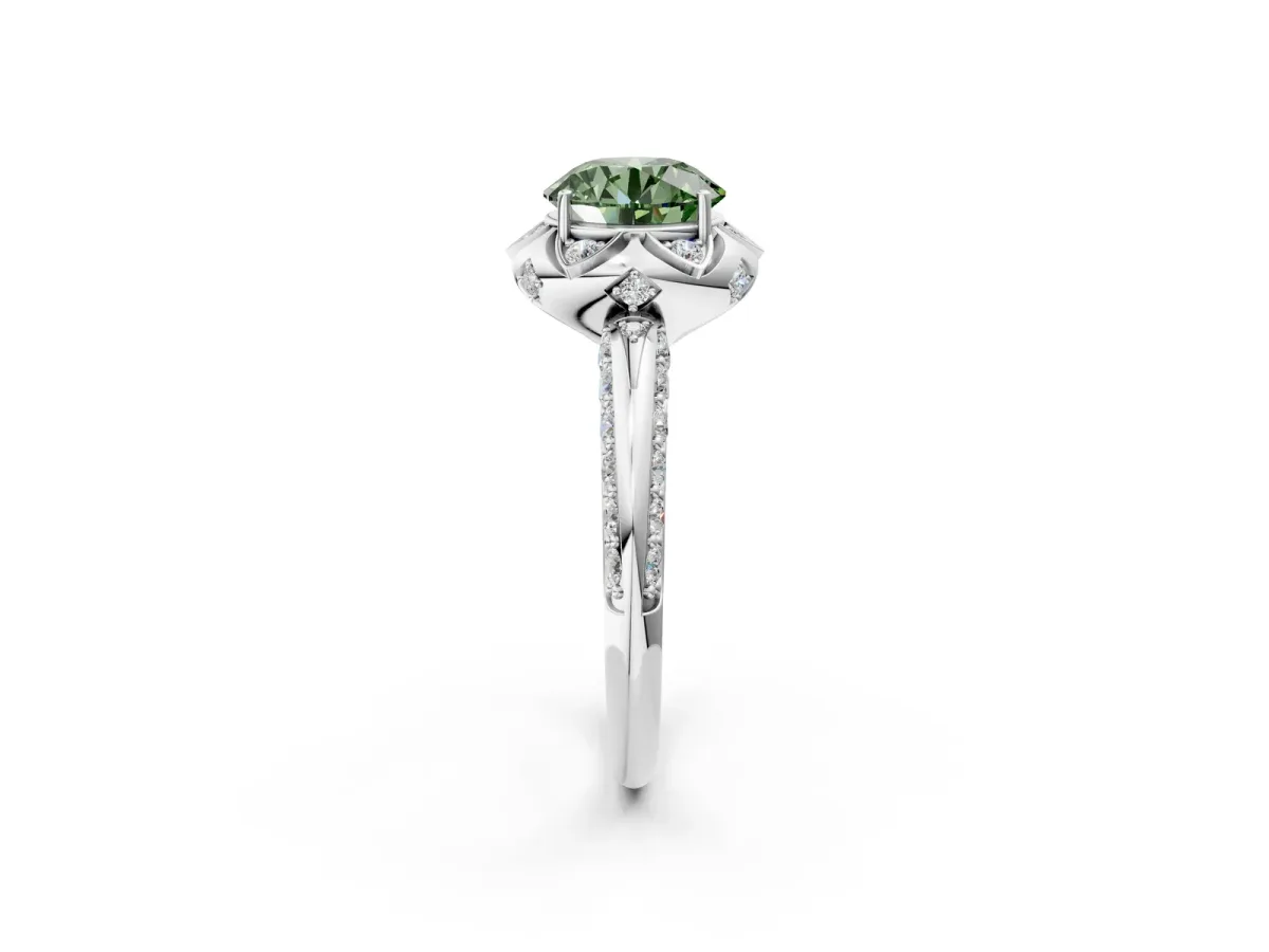 Fancy Green Round Cut Halo Split Shank Pave Diamond Ring with Petal Prong Setting Platinum