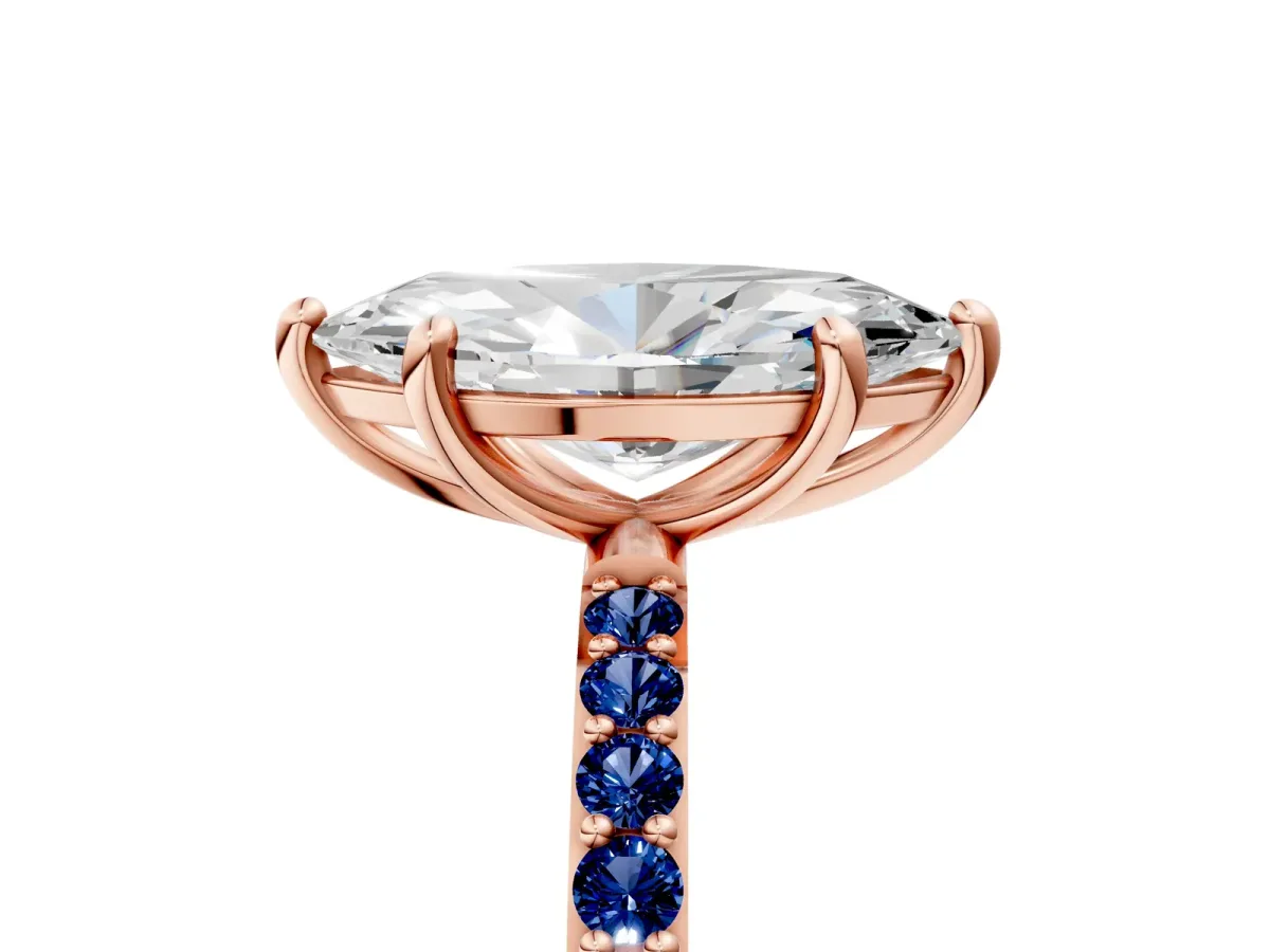 Marquise Cut Diamond Solitaire Ring with Round Blue Sapphire Pavé Band and Prong Setting Rose gold