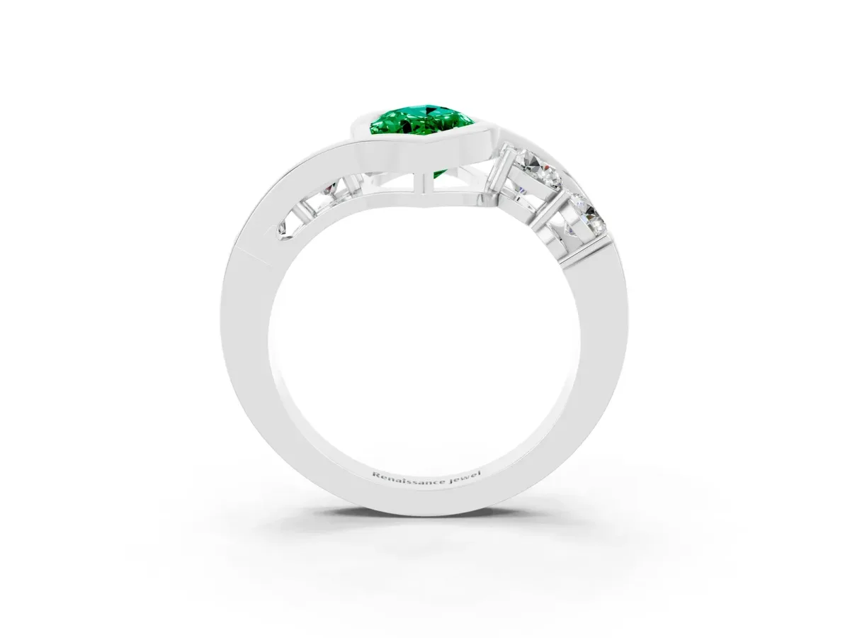 Bezel Set Marquise Cut Emerald Bypass Ring with Round Accents Silver