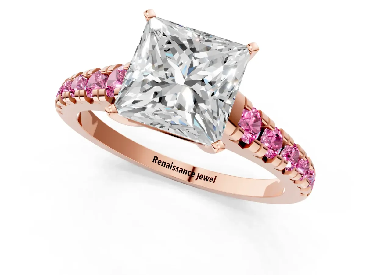 Princess Cut Diamond Cathedral Solitaire Ring with Round Pink Sapphire Pavé Band Rose gold