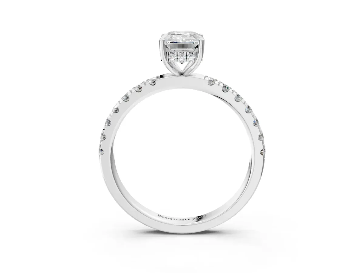 Emerald Cut Diamond Pave Band Solitaire Ring with Round and Prong Setting White gold