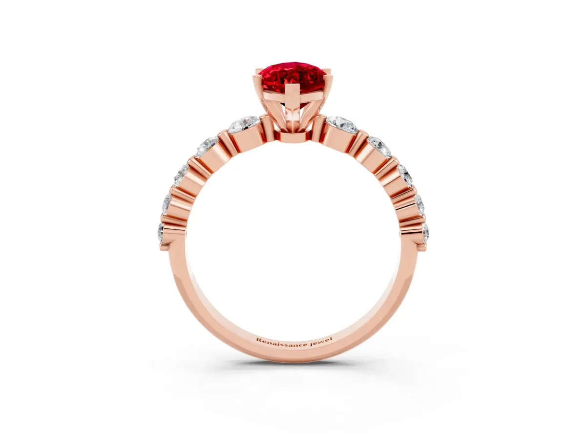 Marquise Cut Solitaire Ruby Ring with Pave Band and Four-Prong Setting Rose gold