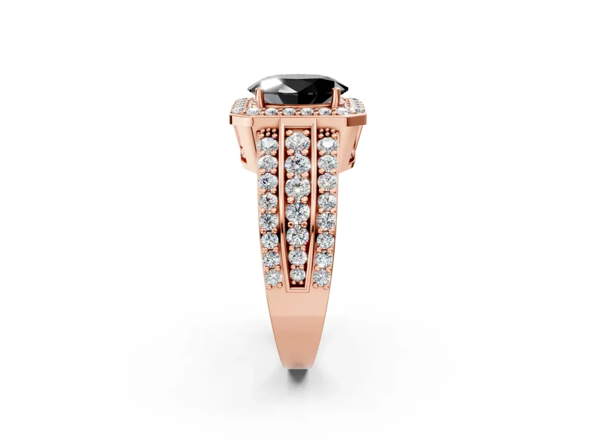 Fancy Black Oval Cut Halo Diamond Ring with Round Split Shank and Prong Setting Rose gold