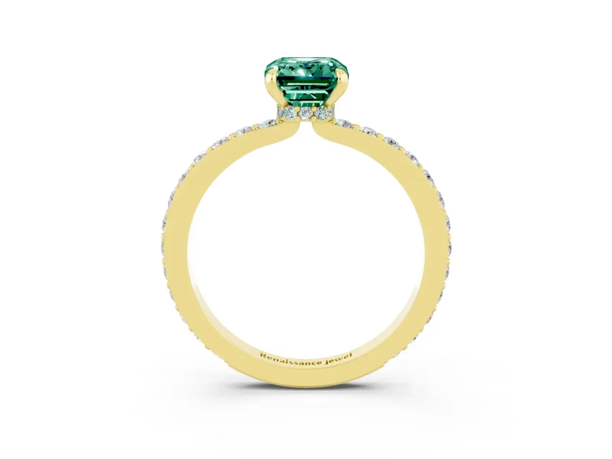 Emerald Cut Green Sapphire Solitaire Engagement Ring with Pavé Band and Four-Prong Setting Yellow gold