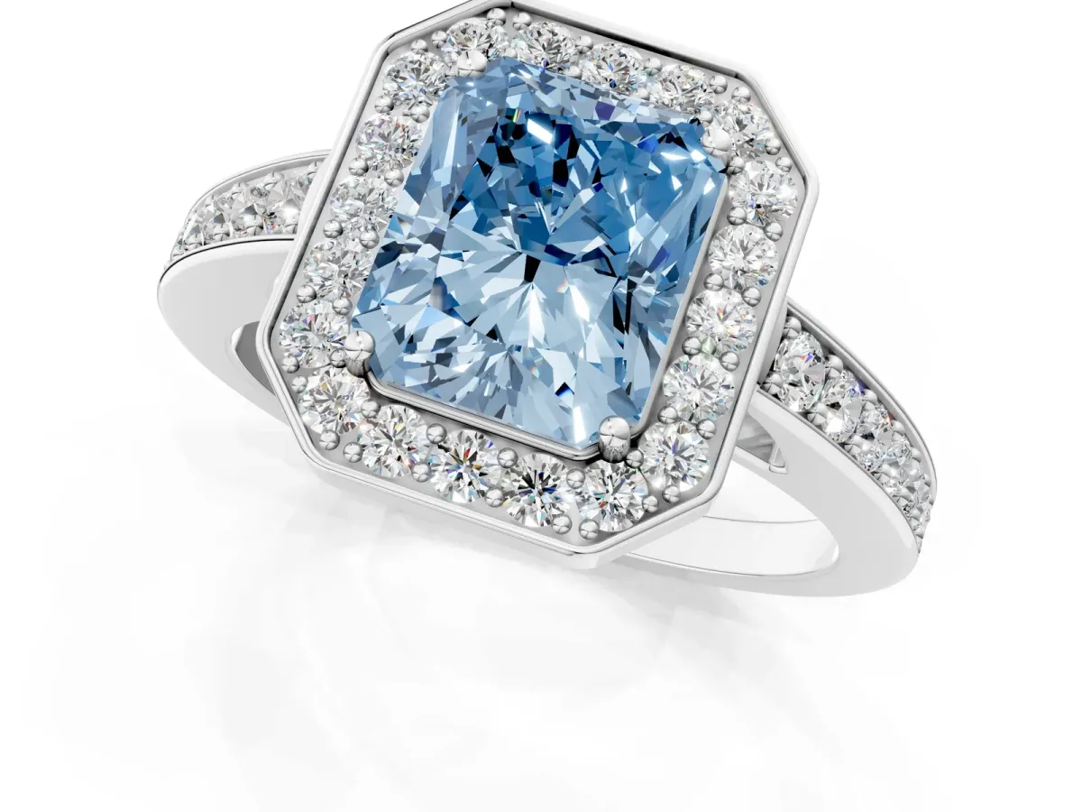 Fancy Blue Radiant Cut Halo Pavé Diamond Engagement Ring with Bezel Setting Silver