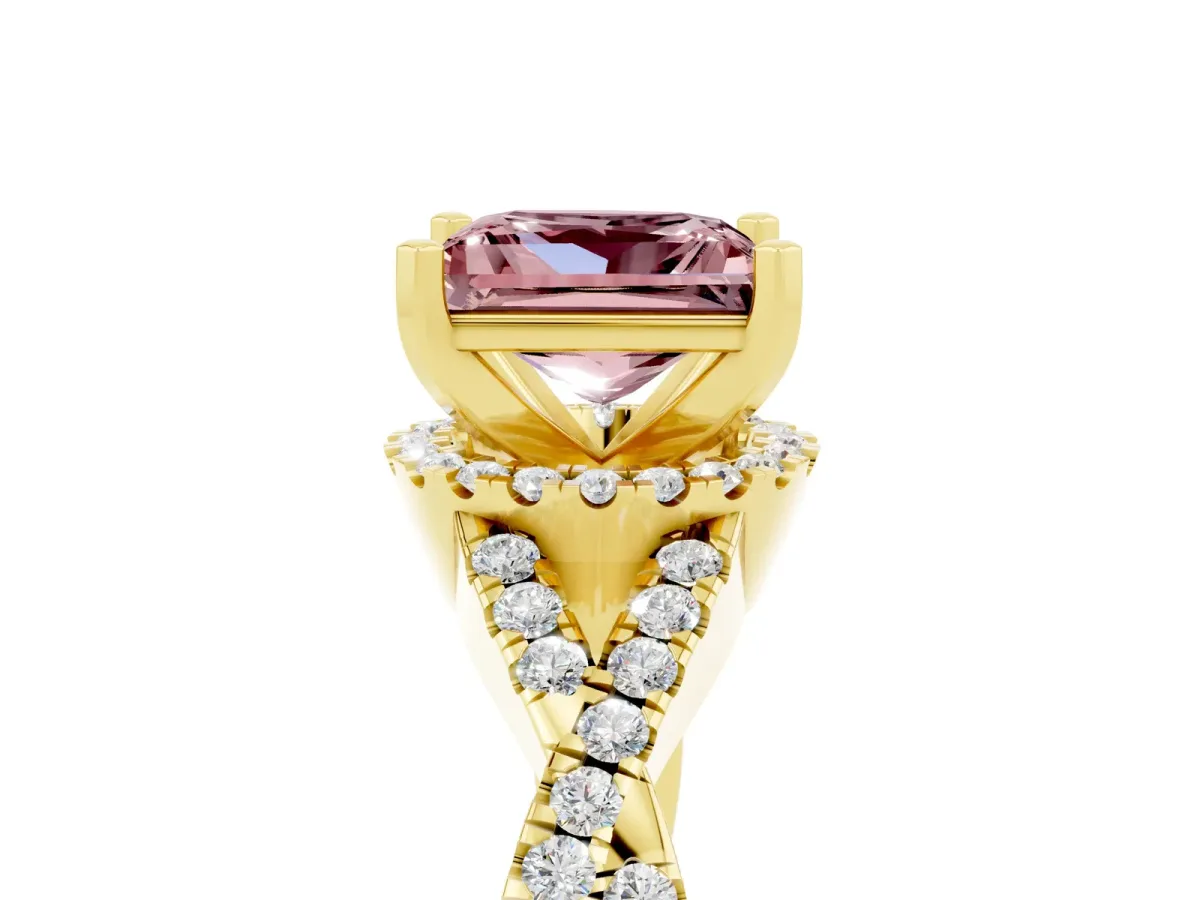 Princess Cut Morganite Halo Twist Band Solitaire Prong Setting Ring Yellow gold