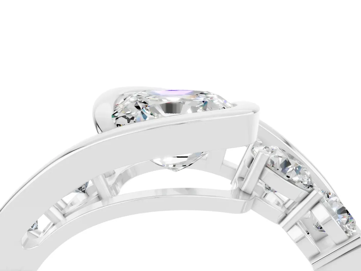 Bezel Set Cushion Cut Moissanite Bypass Ring with Round Accents Silver