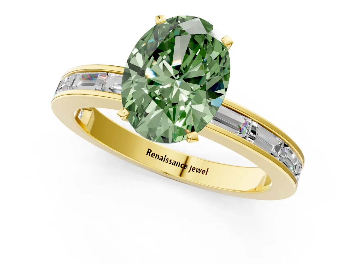 Fancy Green Oval Cut Solitaire Diamond Ring with Channel-Set Baguette Band and Four-Prong Setting Yellow gold