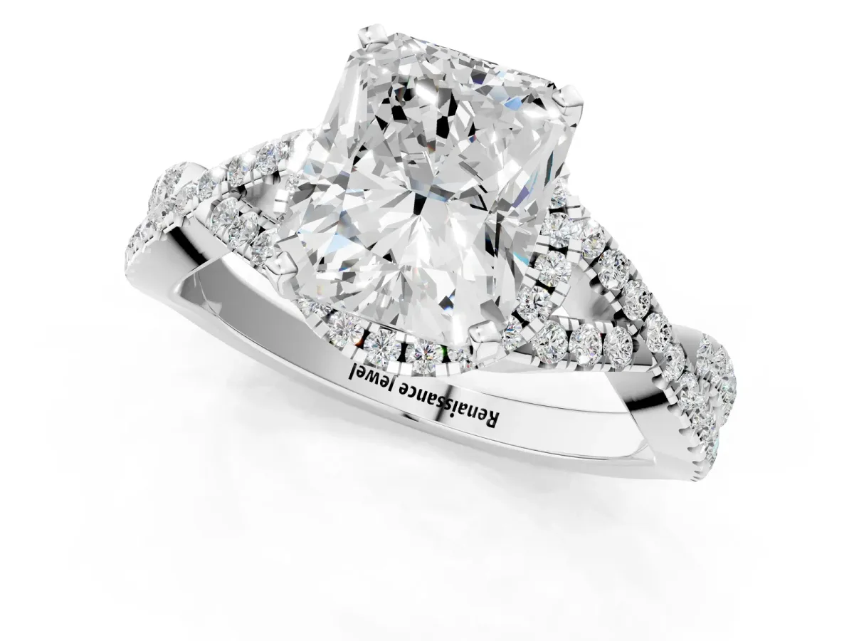 Radiant Cut Diamond Moissanite Halo Twist Band Solitaire Prong Setting Ring White gold