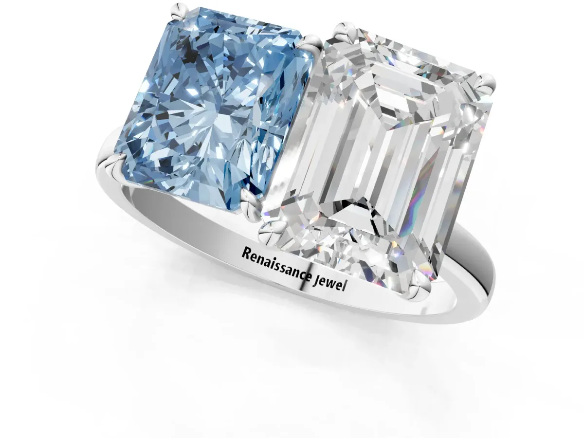 Fancy Blue Radiant Cut and Emerald Cut Toi Moi Ring with Prong Setting White gold
