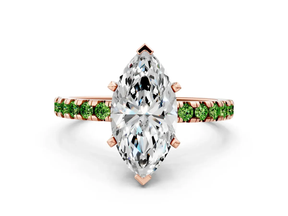 Marquise Cut Diamond Solitaire Ring with Round Peridot Pavé Band and Four-Prong Setting Rose gold