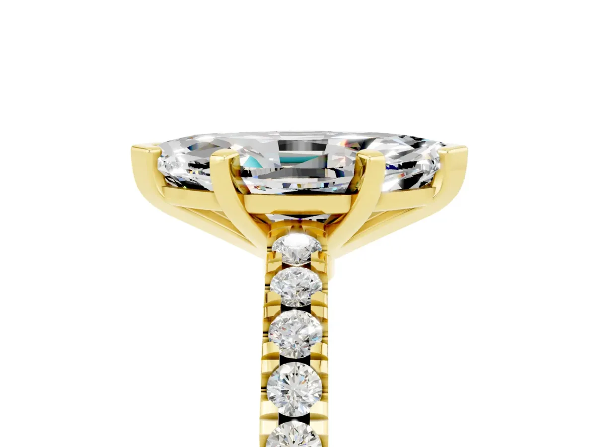 Marquise Cut Solitaire Moissanite with Pavé Band and Four-Prong Setting Yellow gold