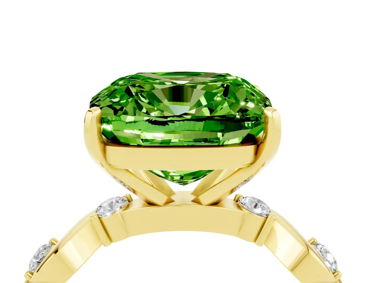 Cushion Cut Peridot Solitaire Twisted Band with Round Accents and Prong Setting Yellow gold