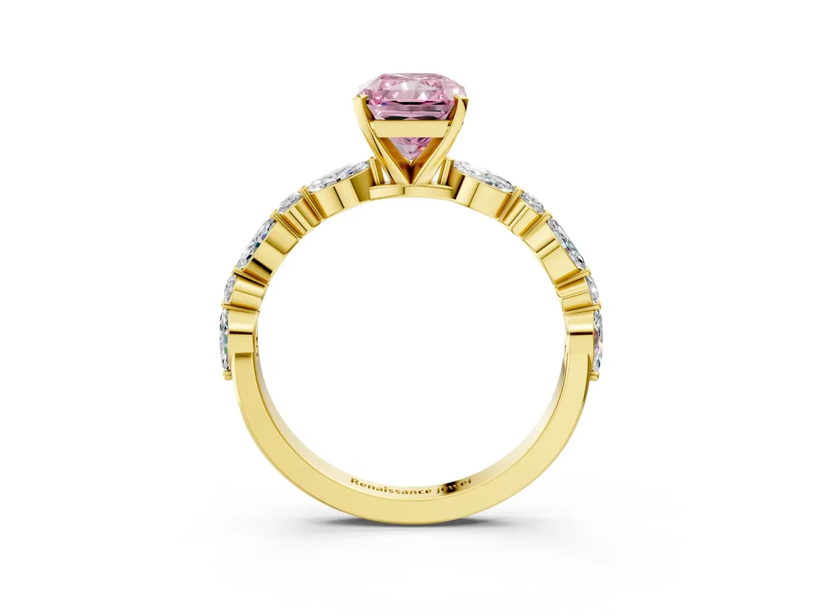 Fancy Pink Radiant Cut Diamond Ring with Marquise and Round Side Stones and Four-Prong Setting Yellow gold