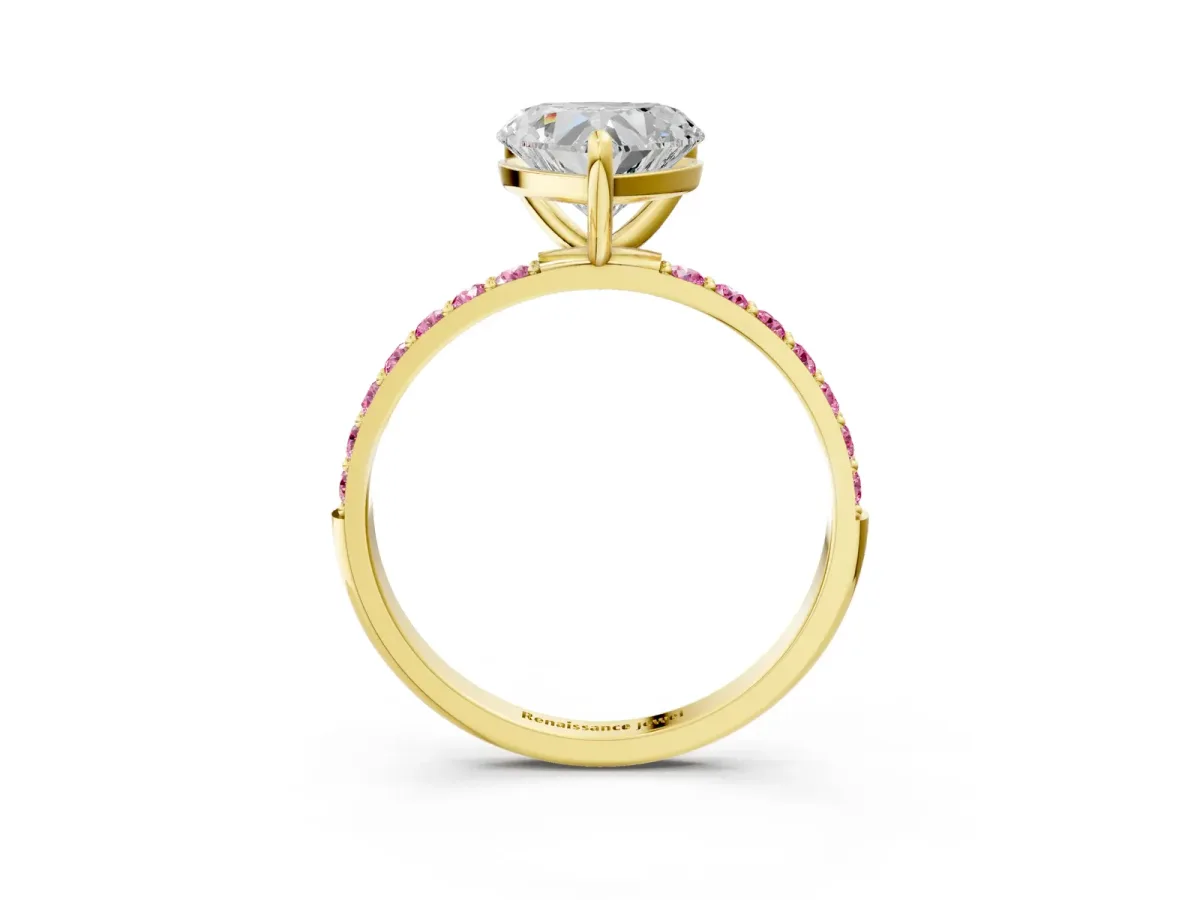 Heart Cut Diamond Solitaire Ring with Round Pink Sapphire Pavé Band and Prong Setting Yellow gold