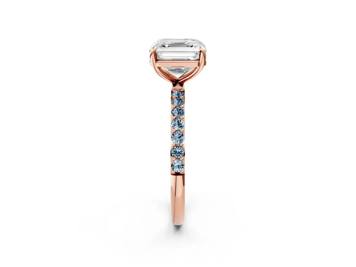 Asscher Cut Diamond Solitaire Ring with Round Aquamarine Pavé Band and Prong Setting Rose gold