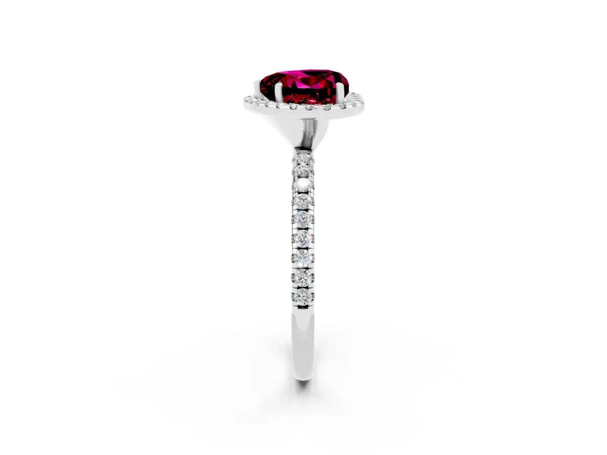 Heart Cut Garnet Halo Engagement Ring with Round Pavé Band and Prong Setting Platinum