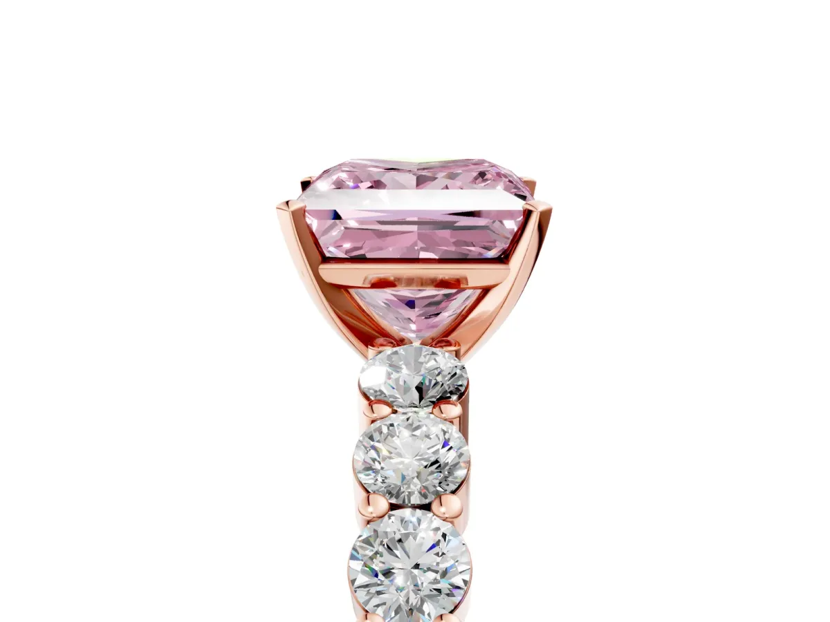 Fancy Pink Princess Cut Diamond Solitaire Ring with Shared Prong Round Side Stones Rose gold