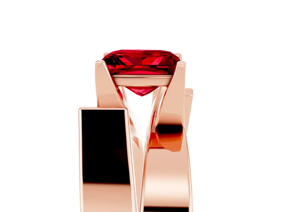 Modern Tension Set Princess Cut Ruby Solitaire Wide Band Ring Rose gold