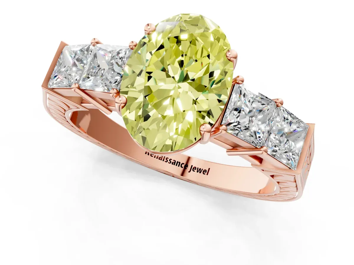 Fancy Yellow Oval Cut Solitaire Princess Side Stone Engraved Band Prong Setting Ring Rose gold