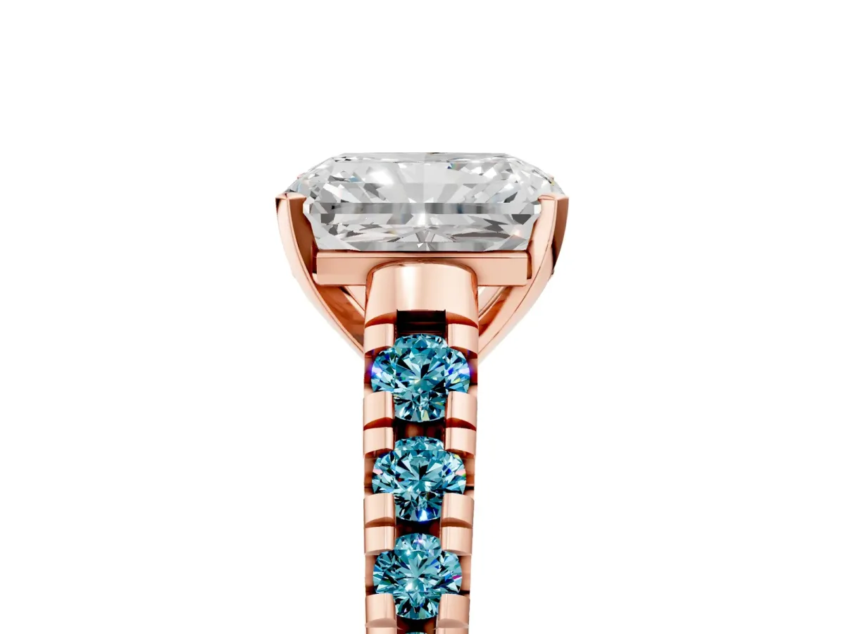 Radiant Cut Diamond Cathedral Solitaire Ring with Round Blue Topaz Pavé Band Rose gold