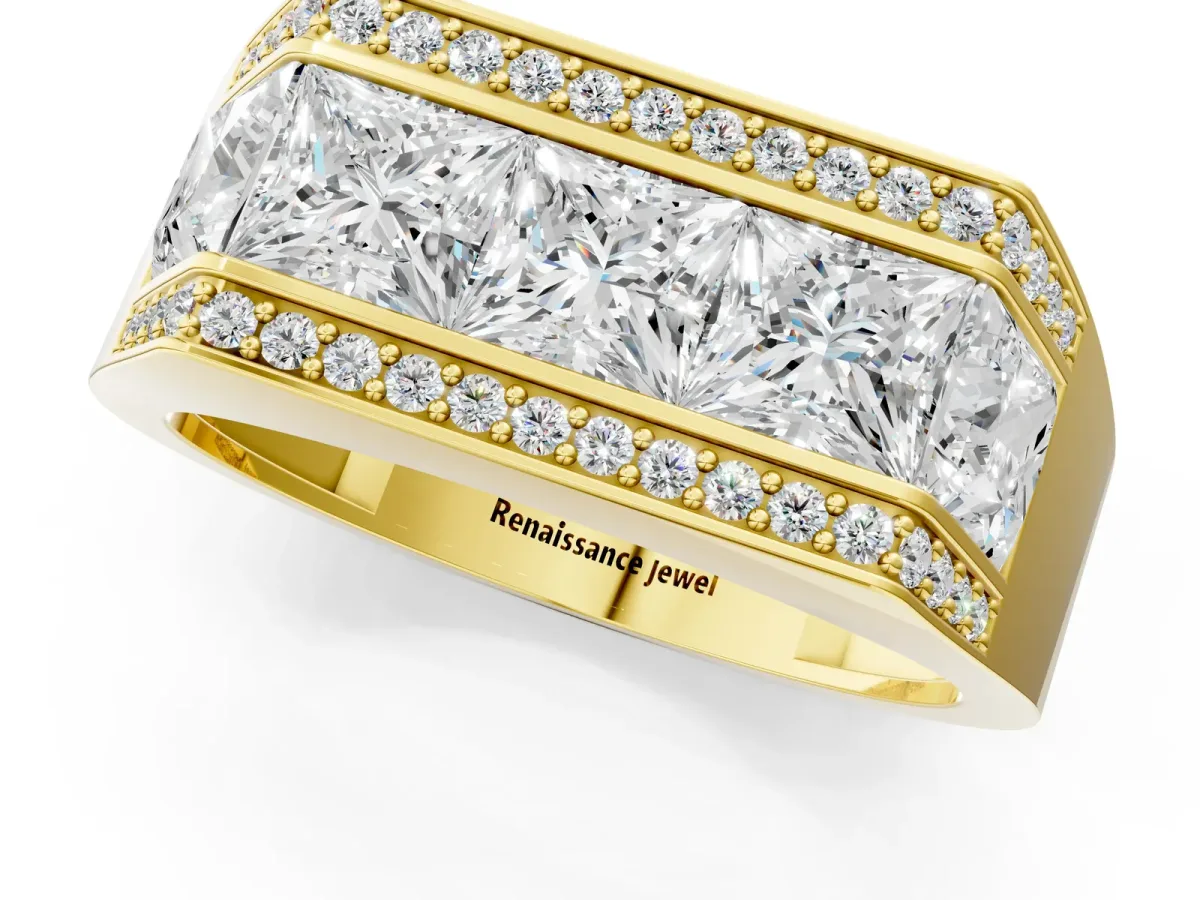 Princess and Round Diamond Channel Pavé Mens Band Yellow gold