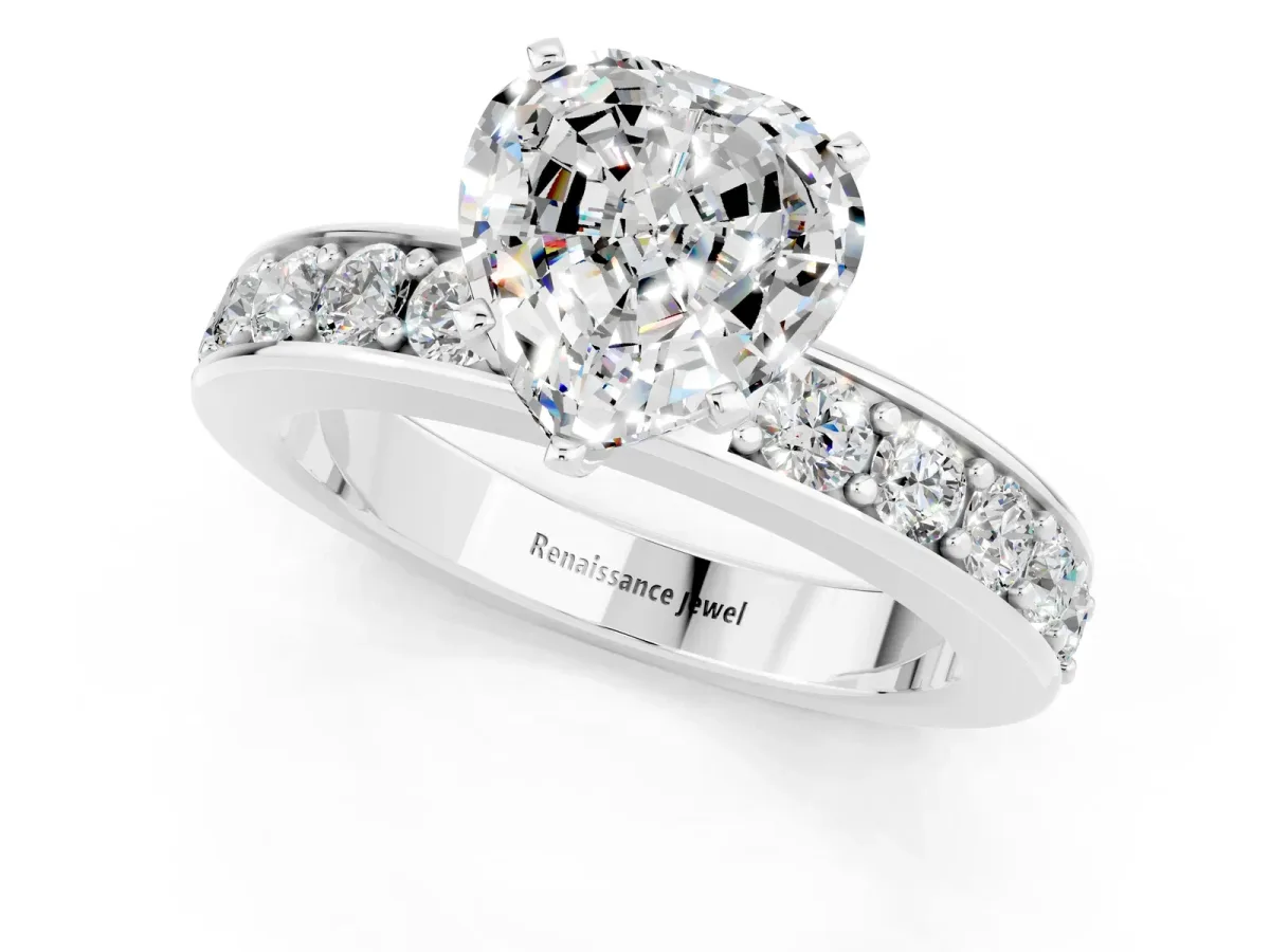 Heart Cut Moissanite Engagement Ring with Channel Set Round Band and Prong Setting White gold