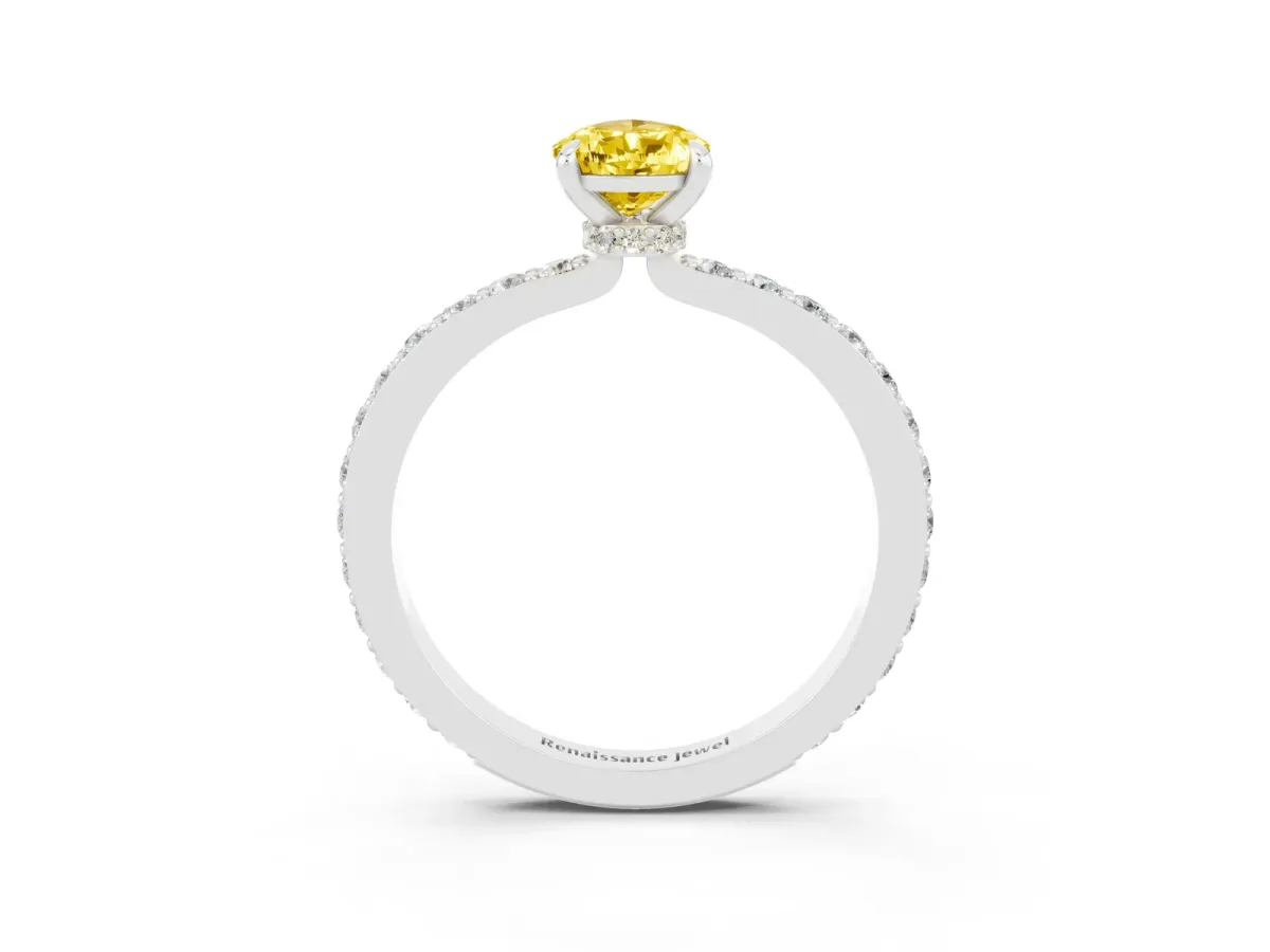 Pear Cut Yellow Sapphire Solitaire Engagement Ring with Pavé Band and Four-Prong Setting White gold