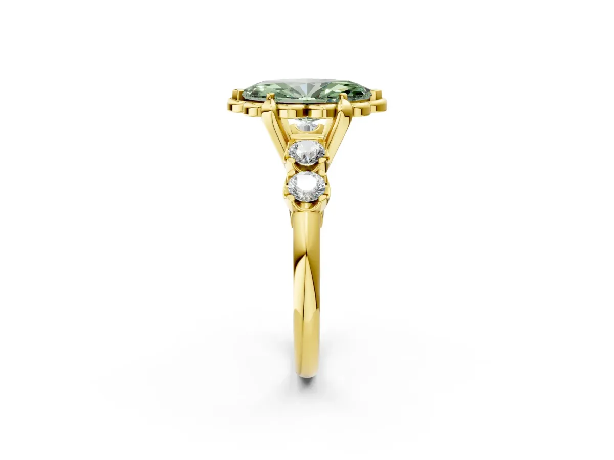 Fancy Green Marquise Cut Cut Diamond Floral Halo Engagement Ring with Shared Prong Setting Yellow gold