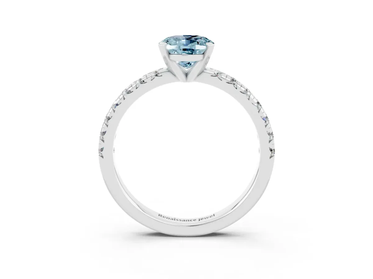 Oval Cut Aquamarine Solitaire Pavé Engagement Ring with Round Band and Prong Setting White gold